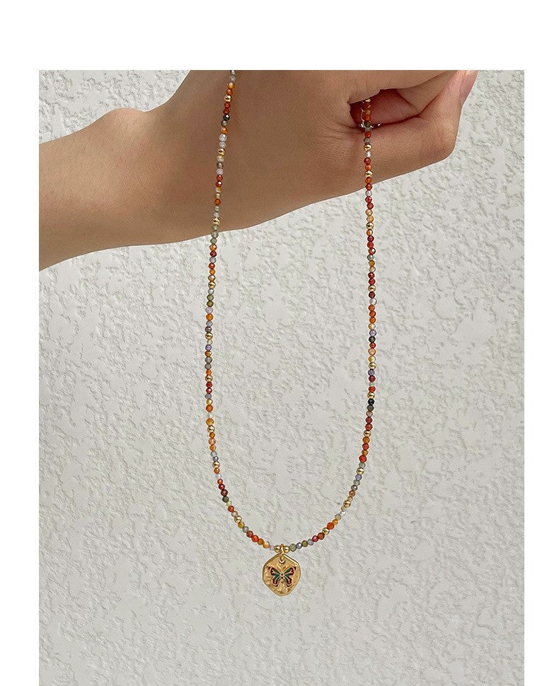 Fashionable and Simple Colorful Dopamine Oil Drop Butterfly Zircon Beaded Necklace Light Luxury High-End Summer Clavicle Chain for Women