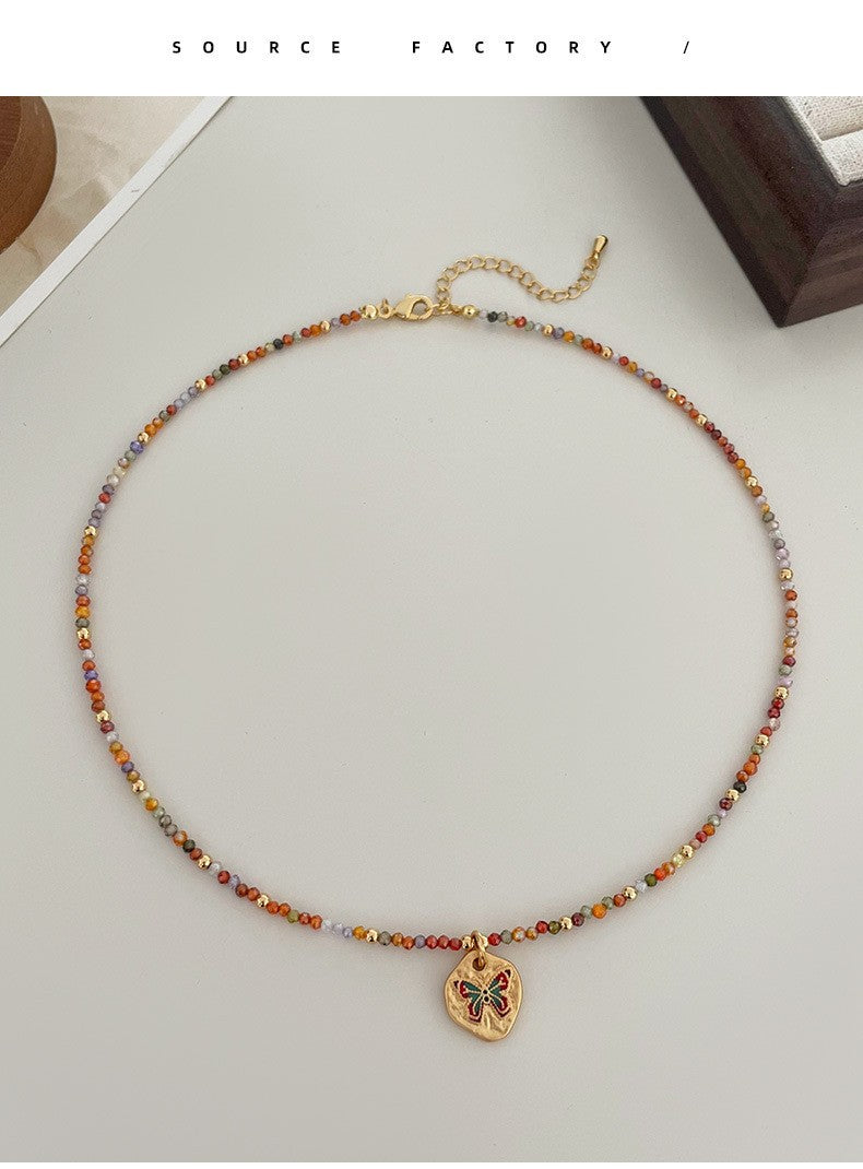 Fashionable and Simple Colorful Dopamine Oil Drop Butterfly Zircon Beaded Necklace Light Luxury High-End Summer Clavicle Chain for Women