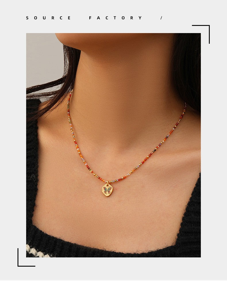 Fashionable and Simple Colorful Dopamine Oil Drop Butterfly Zircon Beaded Necklace Light Luxury High-End Summer Clavicle Chain for Women