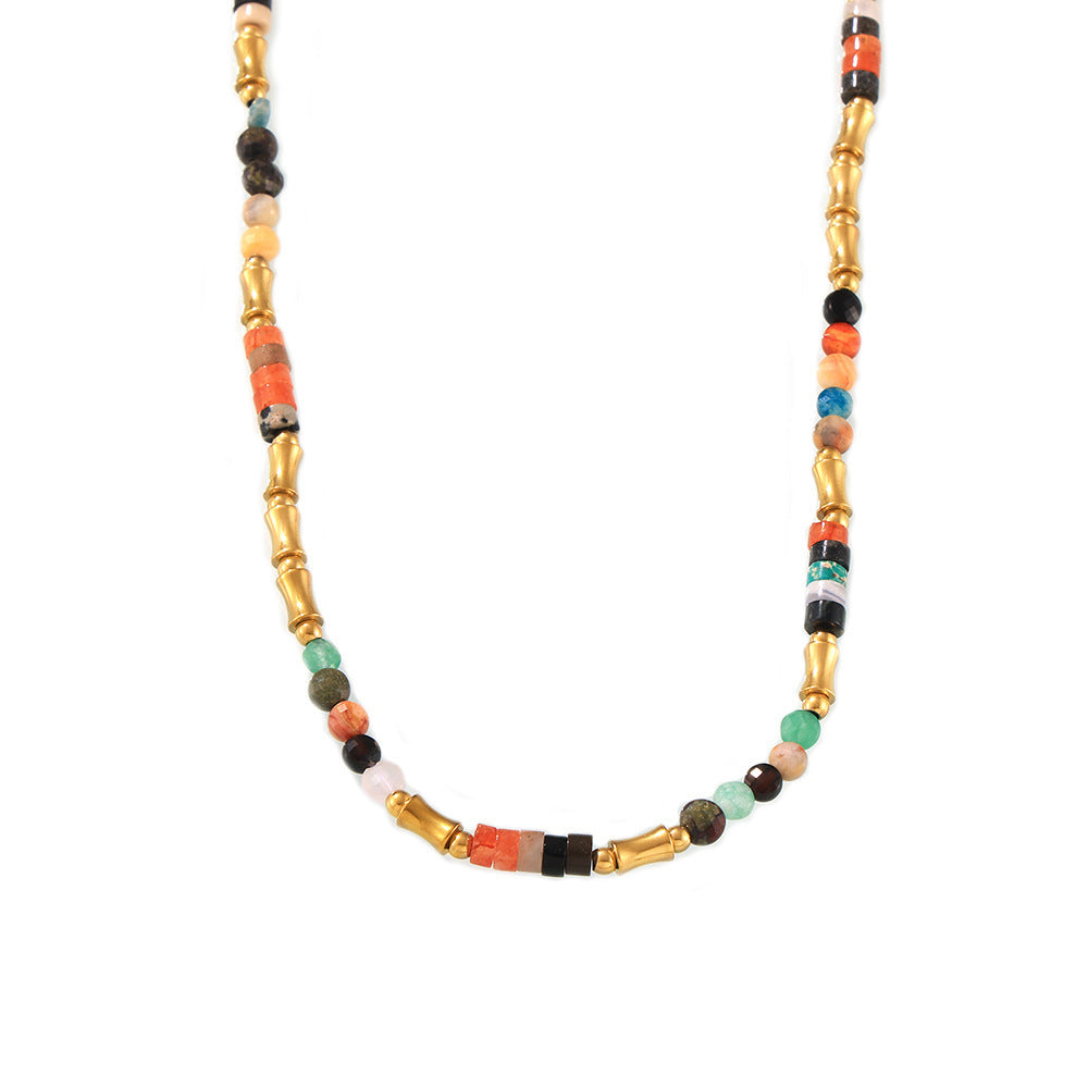 Bohemian Dopamine Color Natural Stone Beaded Necklace Cross-border Simple All-match Stainless Steel Collarbone Necklace