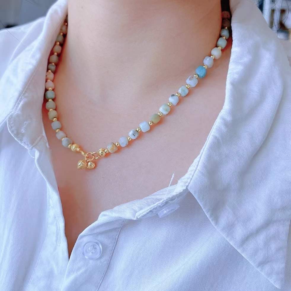 European and American Color Natural Stone Necklace Handmade Beaded Light Luxury Niche Qingdao Foreign Trade Advanced Accessories Clavicle Chain