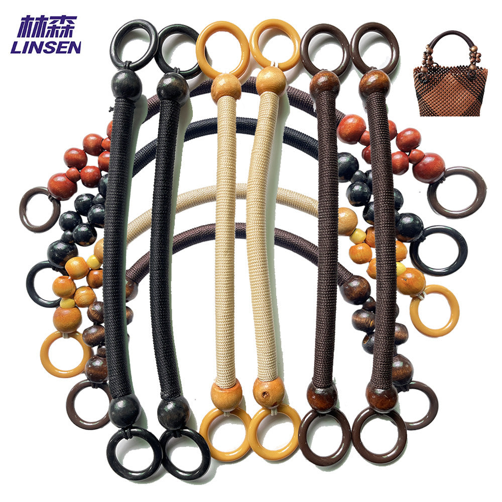 33/37/47 Wooden Bead Handle Rattan Woven Basket Carrying Ring Vintage Beaded Accessories Nylon Rope Handle