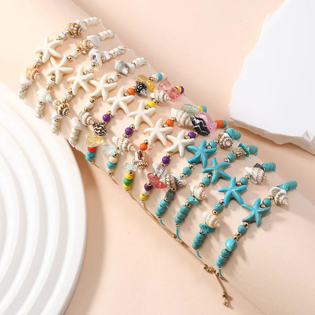Amazon Hot Sale Irregular Gravel Starfish Conch Woven Bracelet Summer Beach Ocean Wind Adjustable Bracelet