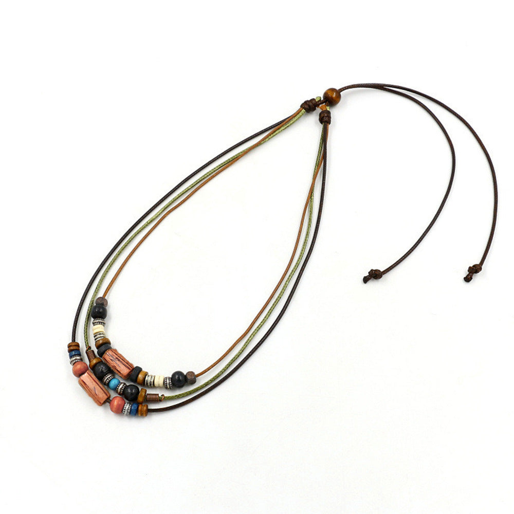 Vintage Bohemian Necklace Ethnic Style Multi-Layer Wooden Beads Long Necklace Beaded Woven Collar All-Match High-Level Sense