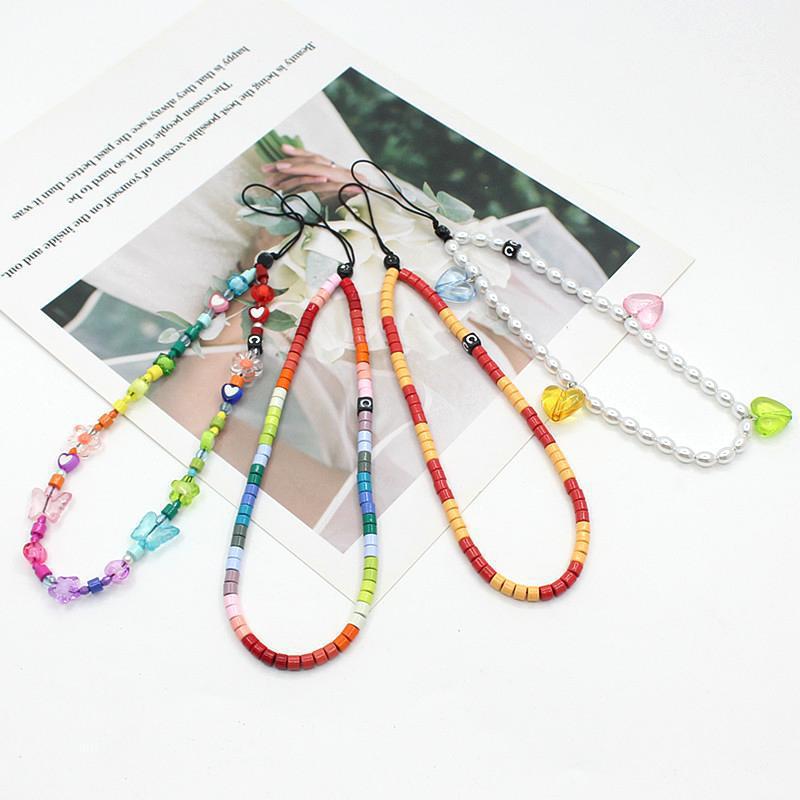 Online popular anti-lost mobile phone chain rainbow mobile phone chain same enamel beads DIY mobile phone lanyard factory direct sales