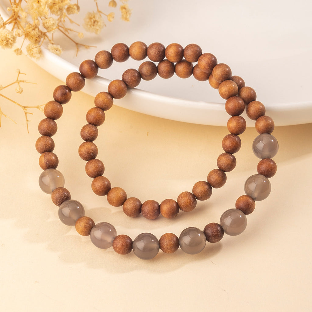 New Chinese Style Natural Gray Agate Sandalwood Bracelet for Girls, Multi-Circle Beaded High-End Wholesale Bracelets for Stalls