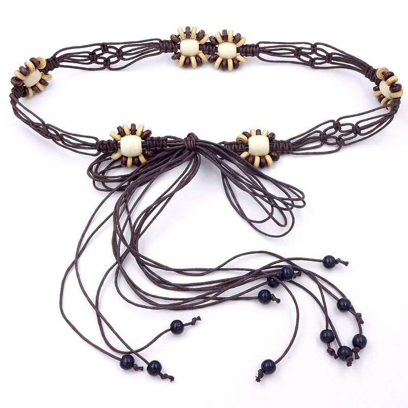 Abacus Wooden Beads Flat Knot Fashion Ethnic Style Women Beaded Belt with Long Dress Bohemian Women Decoration
