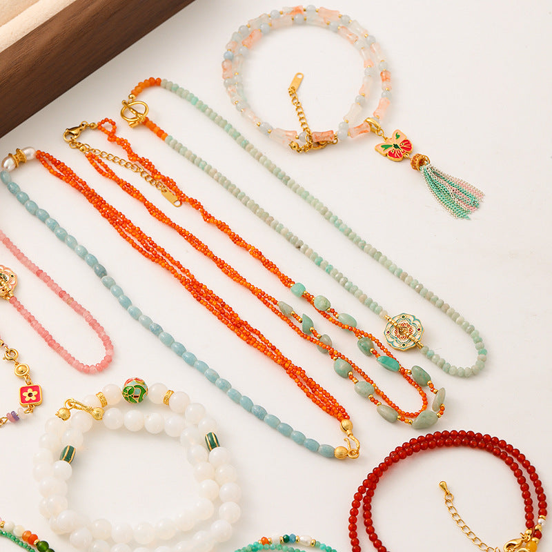 New Chinese Color Oil Dropping Enamel Natural Stone Beaded Necklace Entry Luxury High Fashion Exquisite All-match Clavicle Chain for Women
