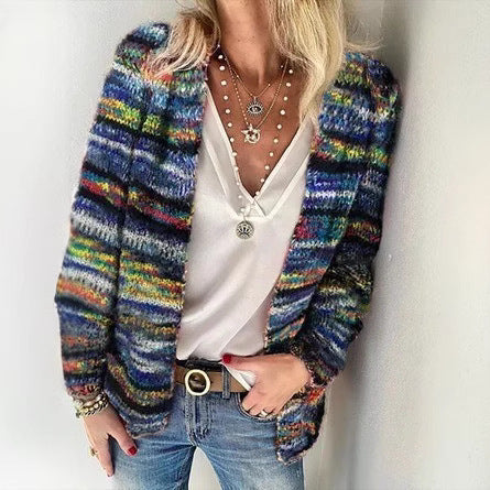2024 autumn and winter Europe and the United States cross-border Amazon foreign trade loose-fitting comfortable leisure color women printed knitted cardigan women