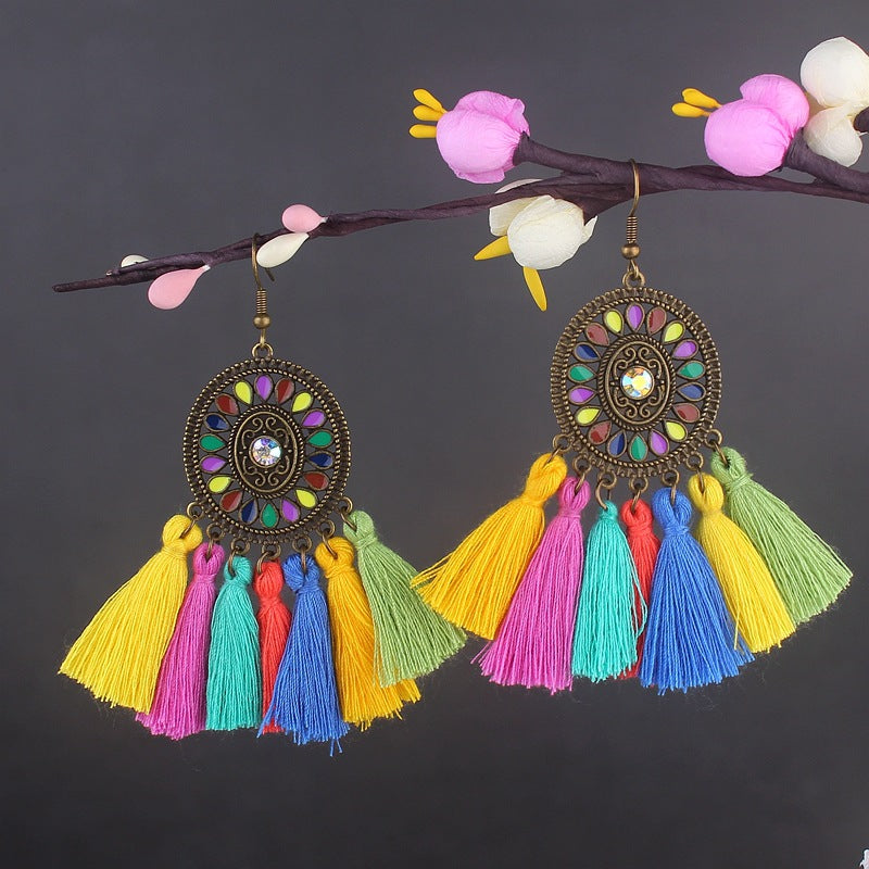 Bohemian Turquoise Earrings European and American Retro Owl Geometric Dreamcatcher Feather Tassel Earrings Women