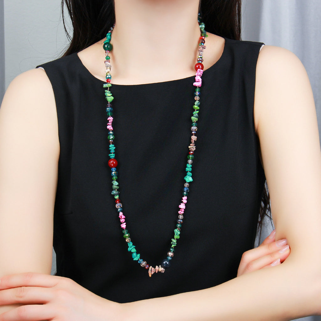 Amazon Cross-border European and American Ethnic Style Color Agate Crystal Beaded Long Necklace Women's Double-layer Woolen Chain Jewelry
