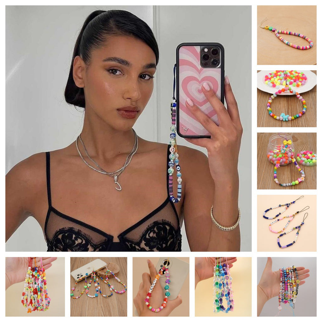Factory direct supply handmade beaded mobile phone lanyard bluetooth speaker lanyard flashlight fan selfie stick U disk sling