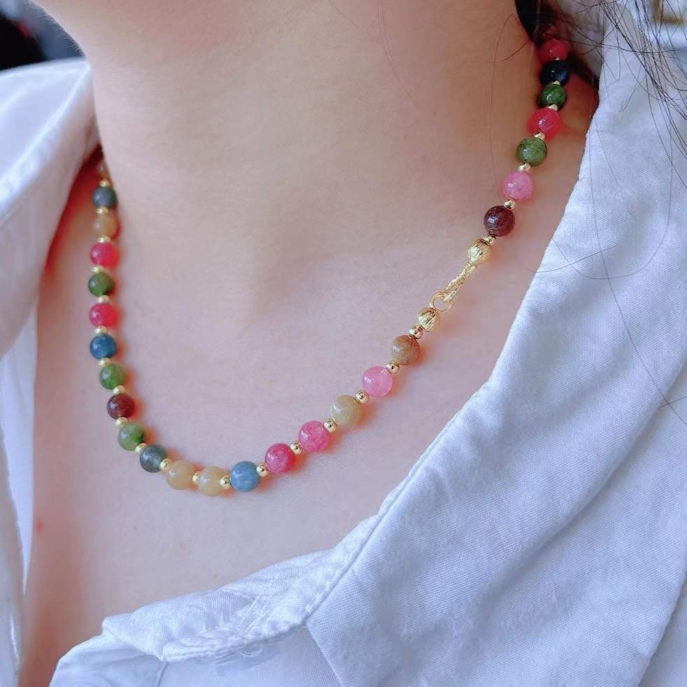 European and American Color Natural Stone Necklace Handmade Beaded Light Luxury Niche Qingdao Foreign Trade Advanced Accessories Clavicle Chain
