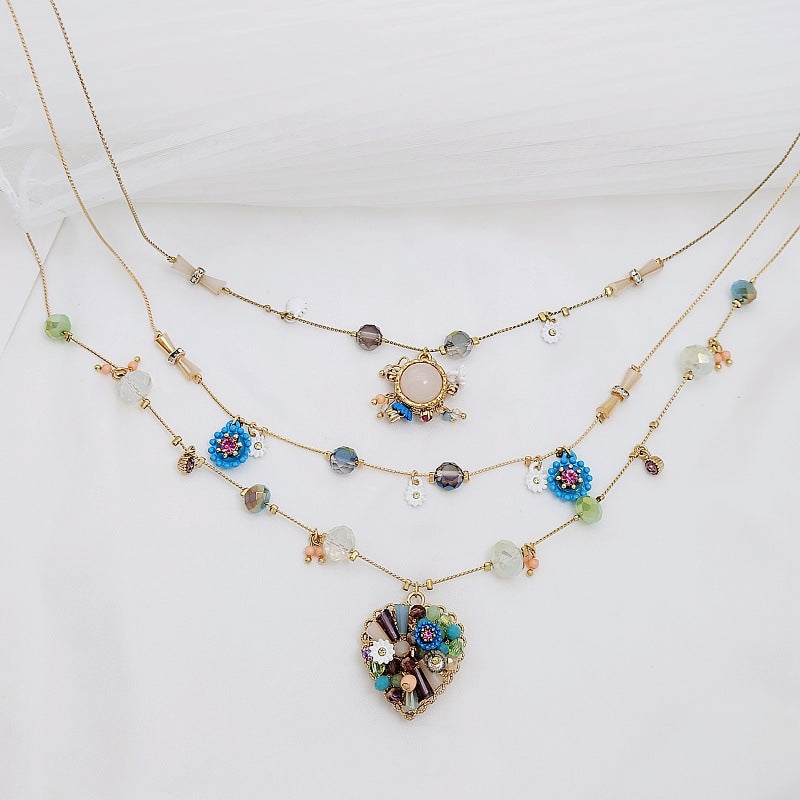 European and American Retro Style Marked Fashionable Design Small Flower Geometric Matchinging Multi-Layered Romantic Fashion Diamond Necklace