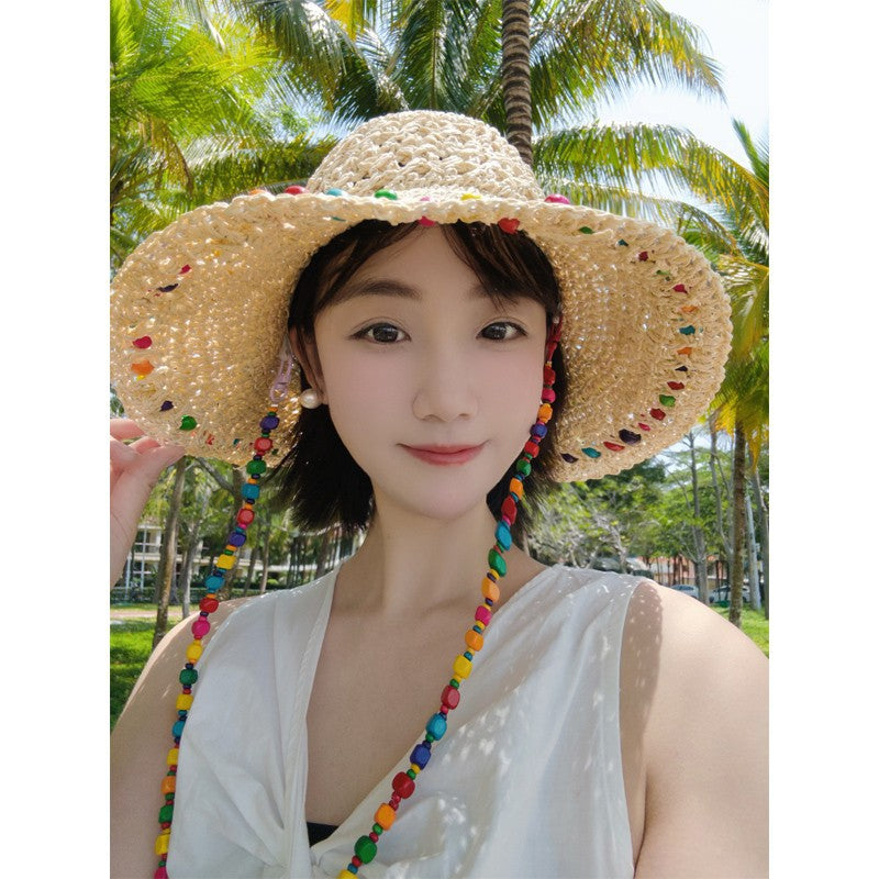 Korean Ins Colorfulful Beaded Straw Fisherman Hat Summer Seaside Vacation Sun Protection Straw Hat Foldableable Hat
