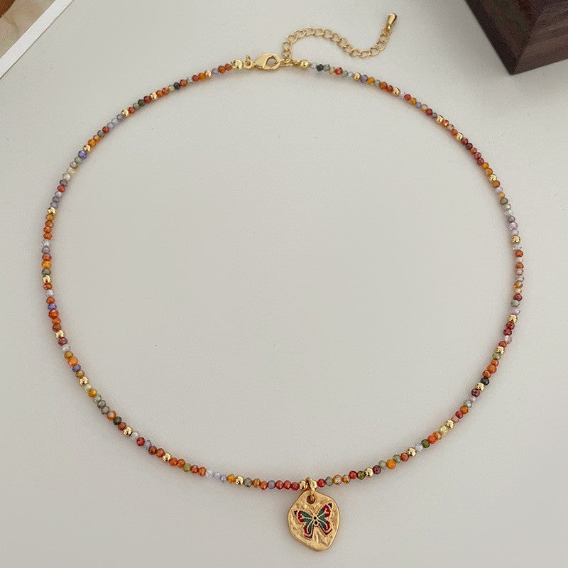 Fashionable and Simple Colorful Dopamine Oil Drop Butterfly Zircon Beaded Necklace Light Luxury High-End Summer Clavicle Chain for Women