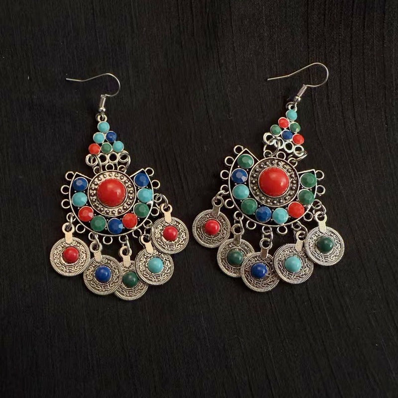 Bohemian Turquoise Earrings European and American Retro Owl Geometric Dreamcatcher Feather Tassel Earrings Women