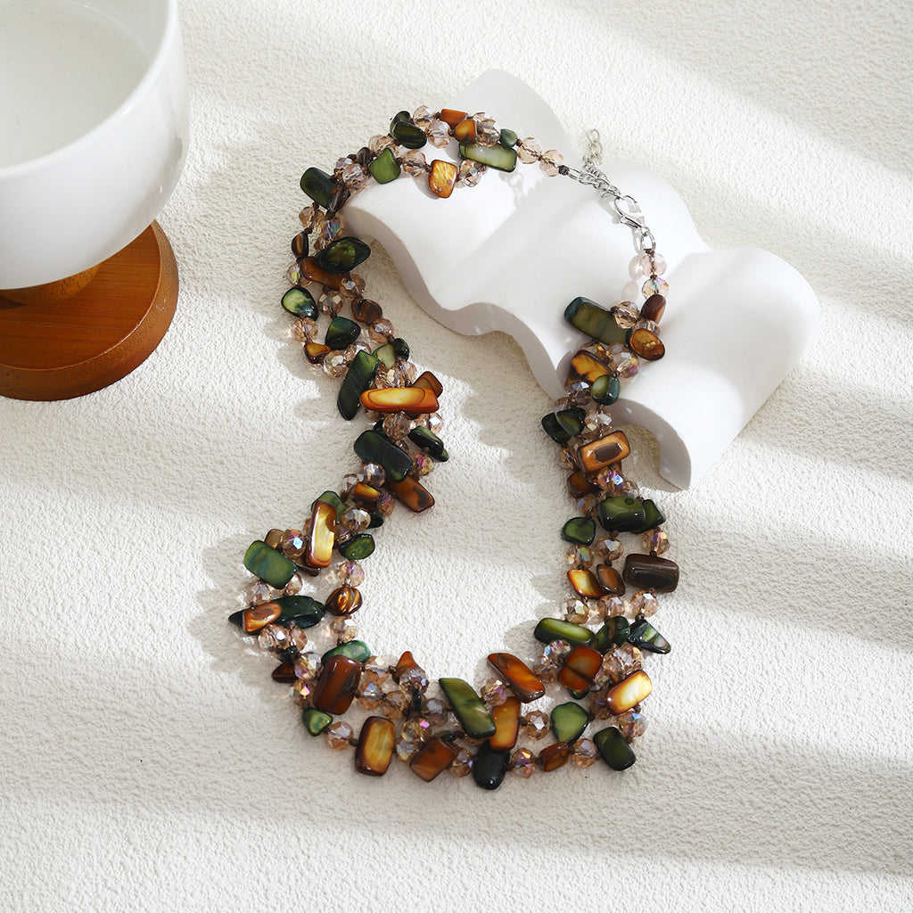 Forest Green Shell Multi-Layered Beaded Necklace for Women Bohemian Small Fresh White Beaded Clavicle Chain