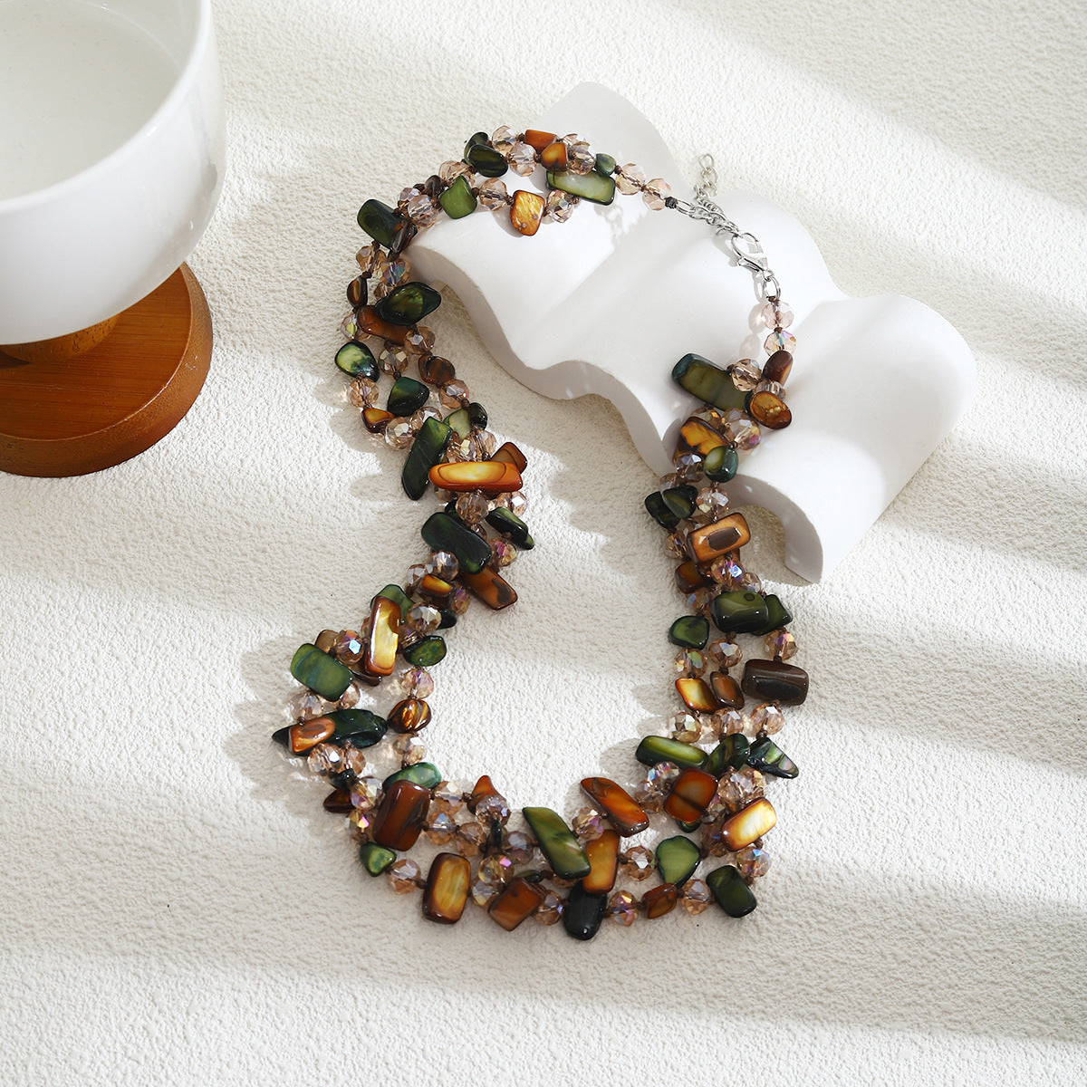 Forest Green Shell Multi-Layered Beaded Necklace for Women Bohemian Small Fresh White Beaded Clavicle Chain