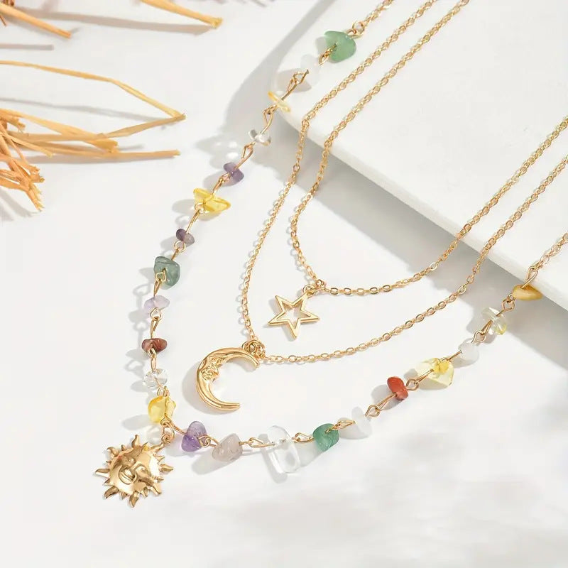 European and American Cross-Border Colorful Asymmetrical Gravel Beaded Necklace for Women, Sweet and Cool Moon and Sun Stacked Neck Necklace Jewelry