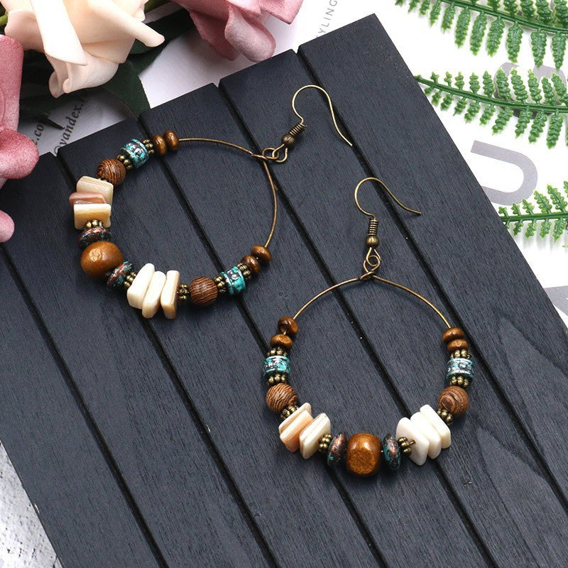 Cross-border Accessories European and American Fashion Bohemian Handmade Beaded Earrings Shell Wooden Beads Big Ear Ring Earrings