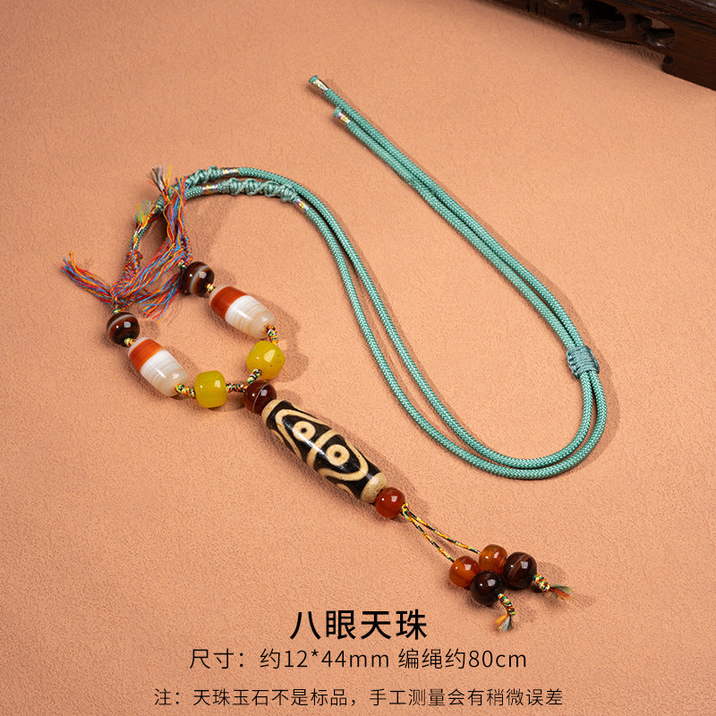 Natural Yellow Nine-Eyed Dzi Bead Necklace, Taiwanese Agate Pendant, Men's and Women's Couple's Braided Necklace, Ready for Sale