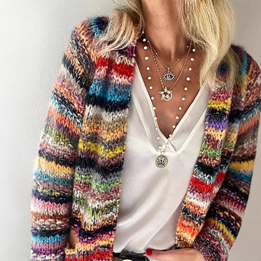 2024 autumn and winter Europe and the United States cross-border Amazon foreign trade loose-fitting comfortable leisure color women printed knitted cardigan women