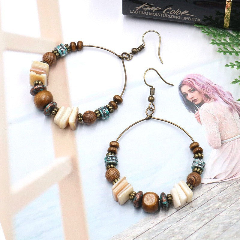 Cross-border Accessories European and American Fashion Bohemian Handmade Beaded Earrings Shell Wooden Beads Big Ear Ring Earrings