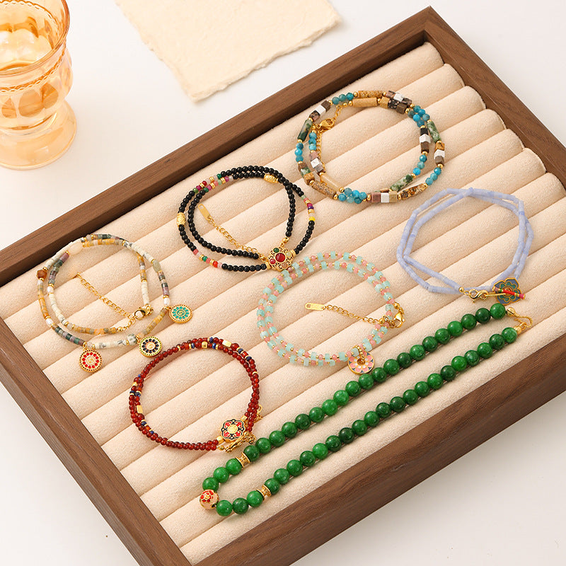 New Chinese Color Oil Dropping Enamel Natural Stone Beaded Necklace Entry Luxury High Fashion Exquisite All-match Clavicle Chain for Women