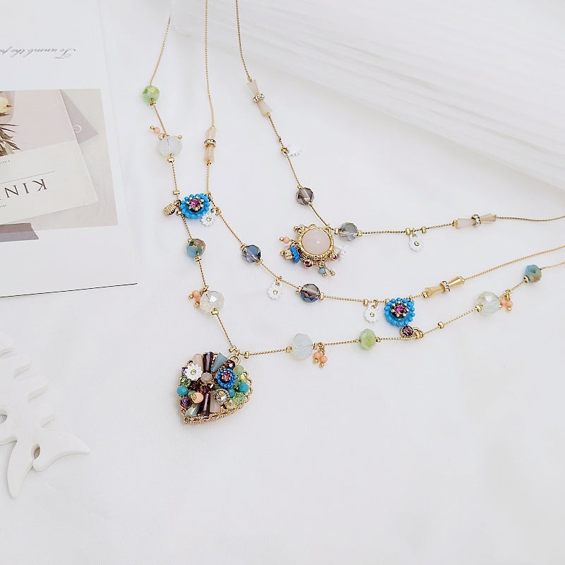 European and American Retro Style Marked Fashionable Design Small Flower Geometric Matchinging Multi-Layered Romantic Fashion Diamond Necklace