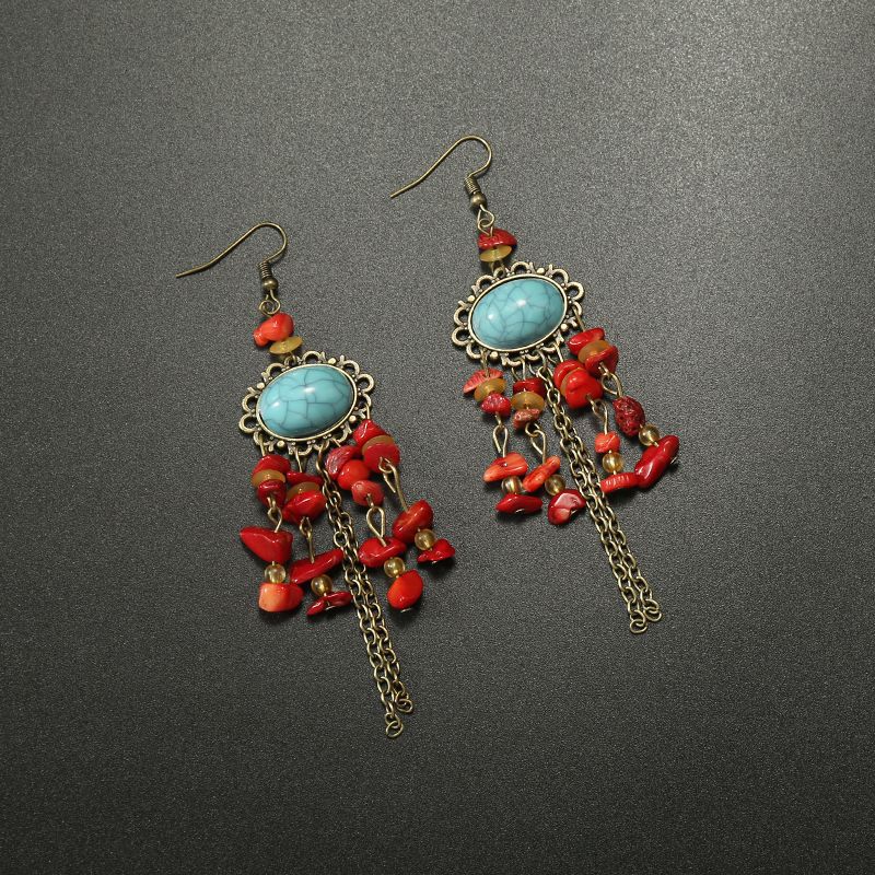 Bohemian Turquoise Earrings European and American Retro Owl Geometric Dreamcatcher Feather Tassel Earrings Women
