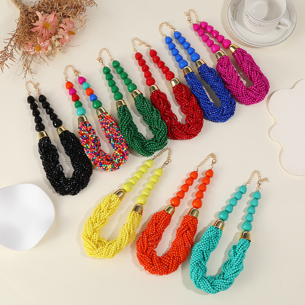 Cross-Border Woven Three-Piece Set of Beaded Rice Beads Multi-Layer Exaggerated Retro Ethnic Style Bohemian Necklace Set for Women