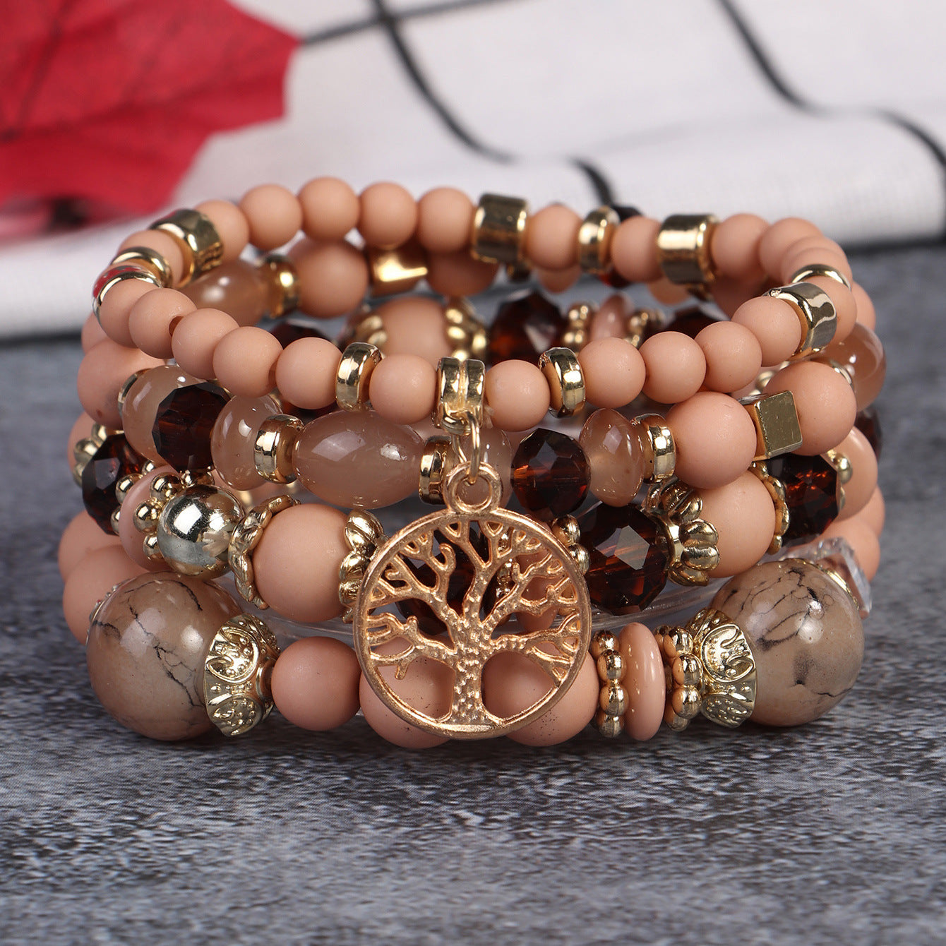 Cross-Border Popular 4-Piece Set of Bohemian Retro Style Multi-Layer Beaded Bracelets with Tree of Life Pendant Wholesale