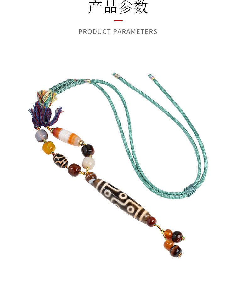 Natural Yellow Nine-Eyed Dzi Bead Necklace, Taiwanese Agate Pendant, Men's and Women's Couple's Braided Necklace, Ready for Sale