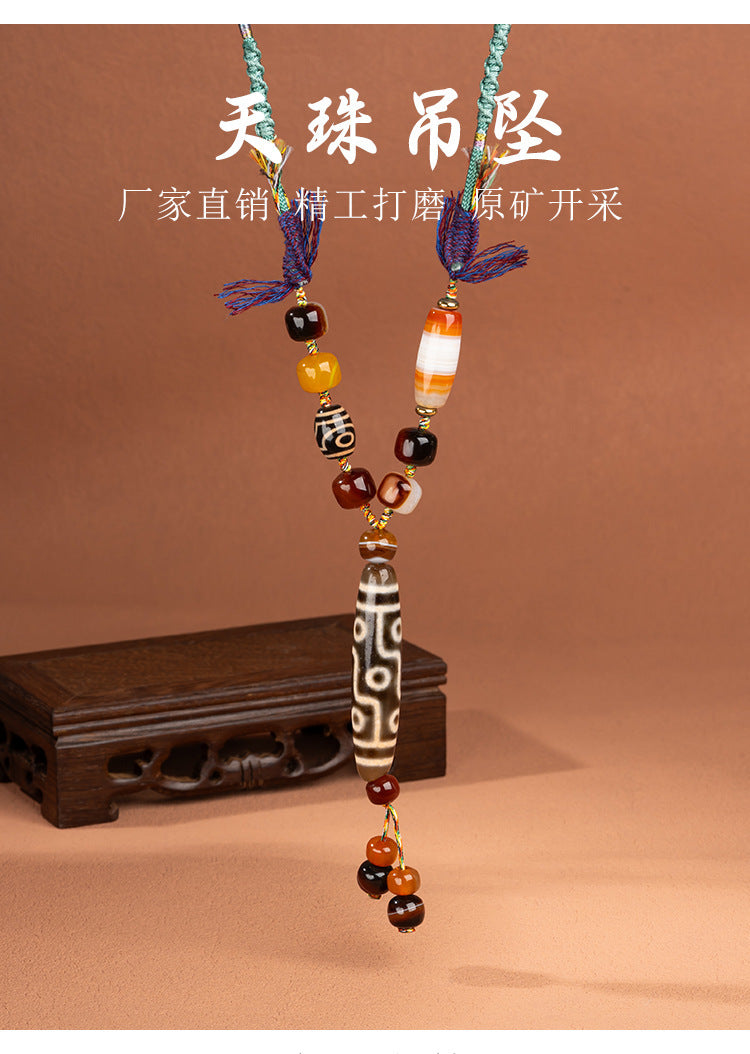 Natural Yellow Nine-Eyed Dzi Bead Necklace, Taiwanese Agate Pendant, Men's and Women's Couple's Braided Necklace, Ready for Sale