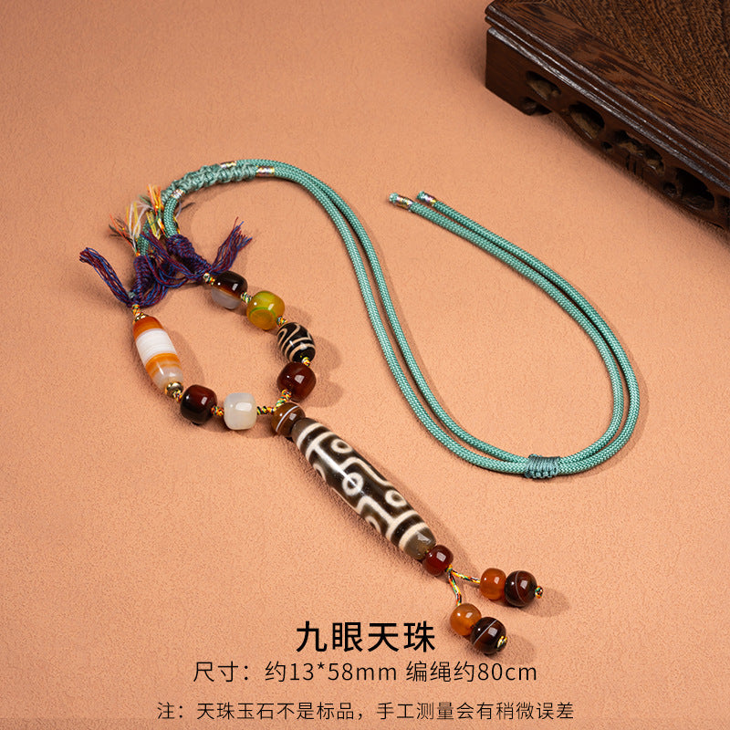 Natural Yellow Nine-Eyed Dzi Bead Necklace, Taiwanese Agate Pendant, Men's and Women's Couple's Braided Necklace, Ready for Sale
