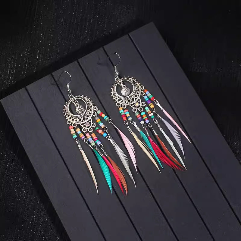 Bohemian Turquoise Earrings European and American Retro Owl Geometric Dreamcatcher Feather Tassel Earrings Women