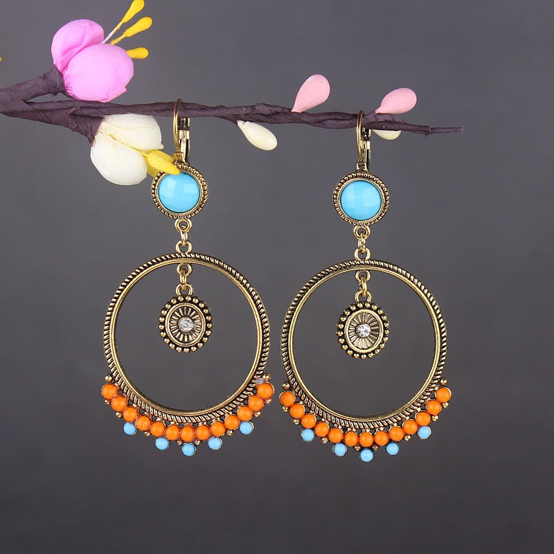 Bohemian Turquoise Earrings European and American Retro Owl Geometric Dreamcatcher Feather Tassel Earrings Women