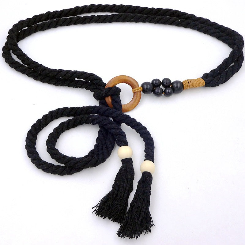 Ethnic Style Retro Belt Accessories High-End Yellow Women's Decoration with Skirt Knotted Braided Hemp Rope Waist Rope Tie