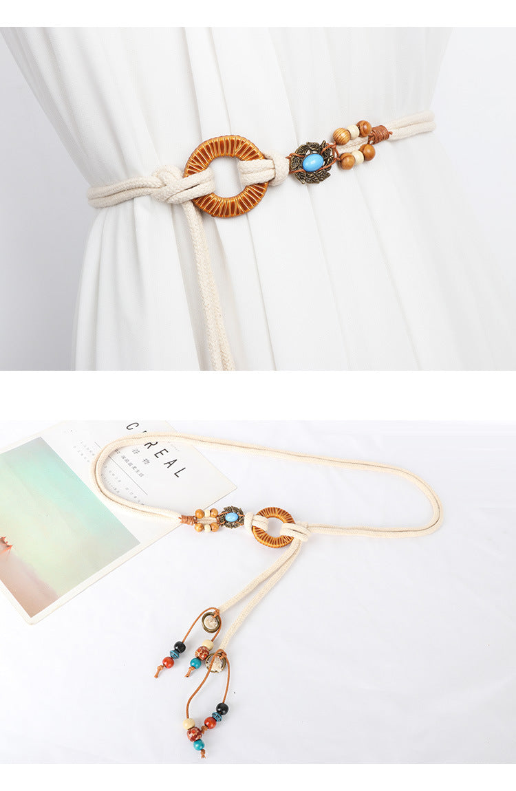 Cotton Rope Belt Women's High-end Retro Accessories Decorative Dress Ethnic Waist Rope Beige Fashion All-match Jeans