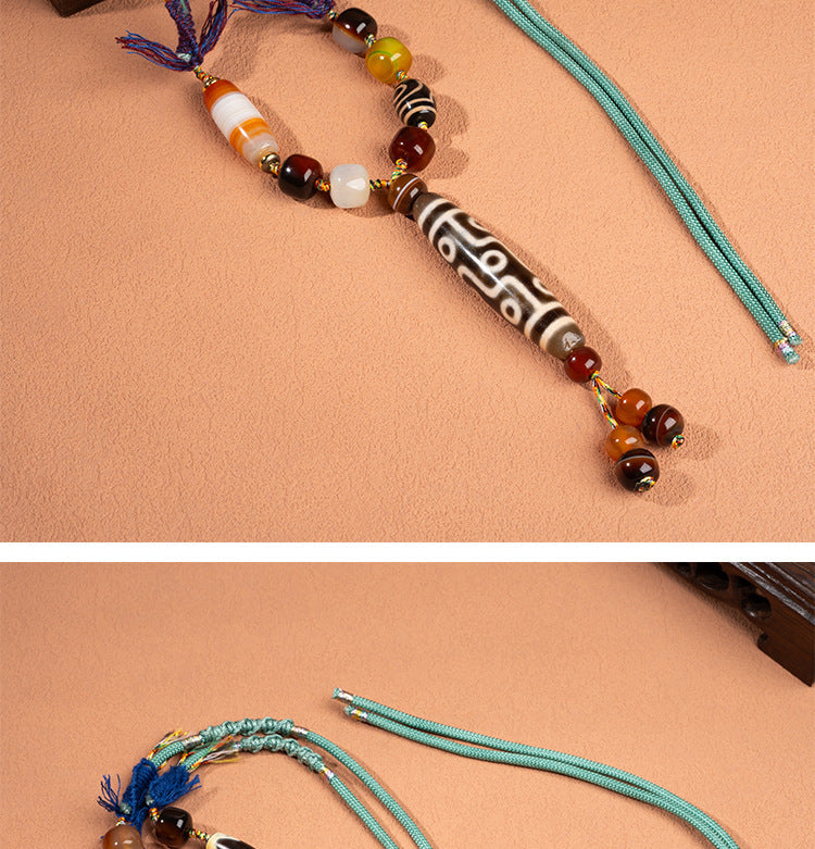 Natural Yellow Nine-Eyed Dzi Bead Necklace, Taiwanese Agate Pendant, Men's and Women's Couple's Braided Necklace, Ready for Sale