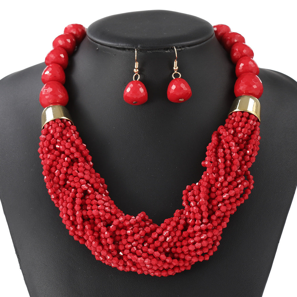 Cross-Border Woven Three-Piece Set of Beaded Rice Beads Multi-Layer Exaggerated Retro Ethnic Style Bohemian Necklace Set for Women