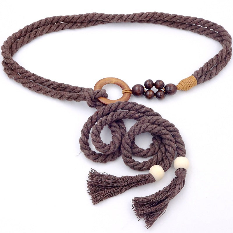 Ethnic Style Retro Belt Accessories High-End Yellow Women's Decoration with Skirt Knotted Braided Hemp Rope Waist Rope Tie
