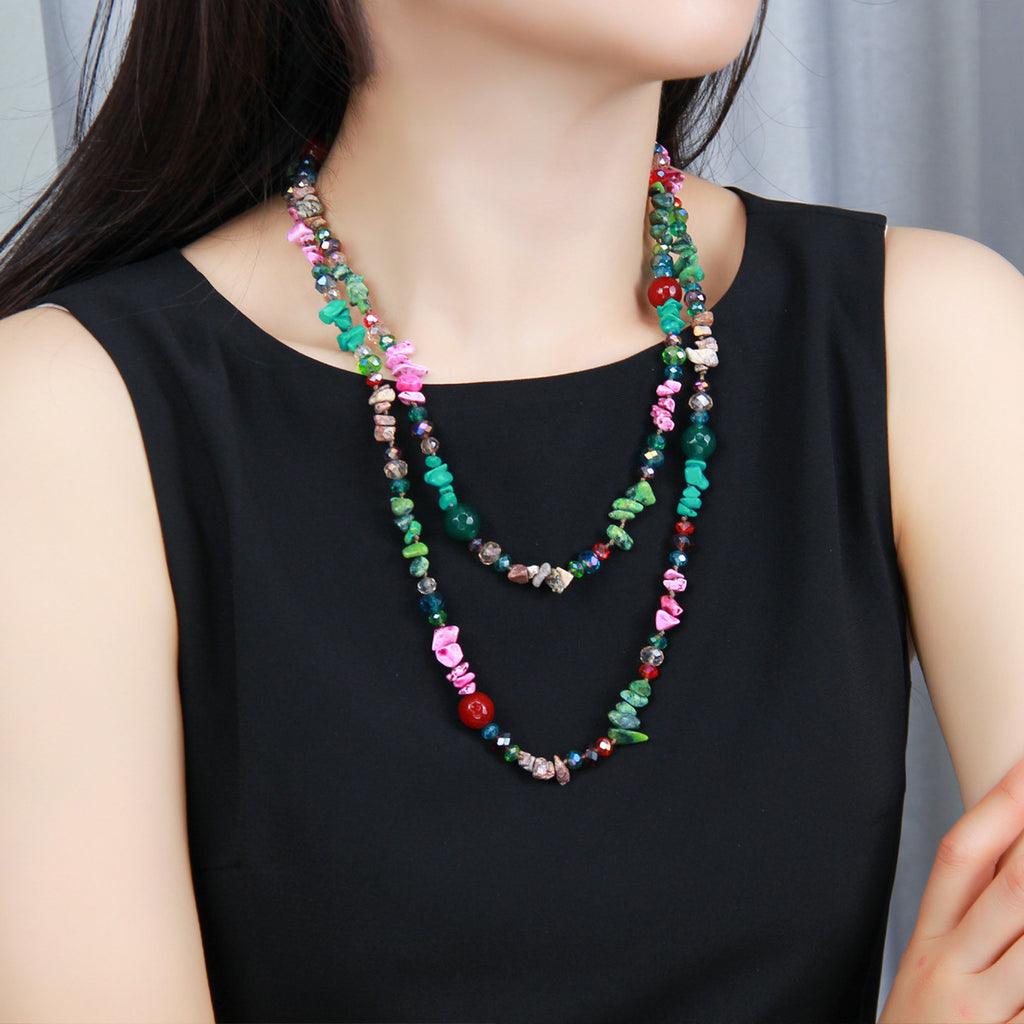 Amazon Cross-border European and American Ethnic Style Color Agate Crystal Beaded Long Necklace Women's Double-layer Woolen Chain Jewelry