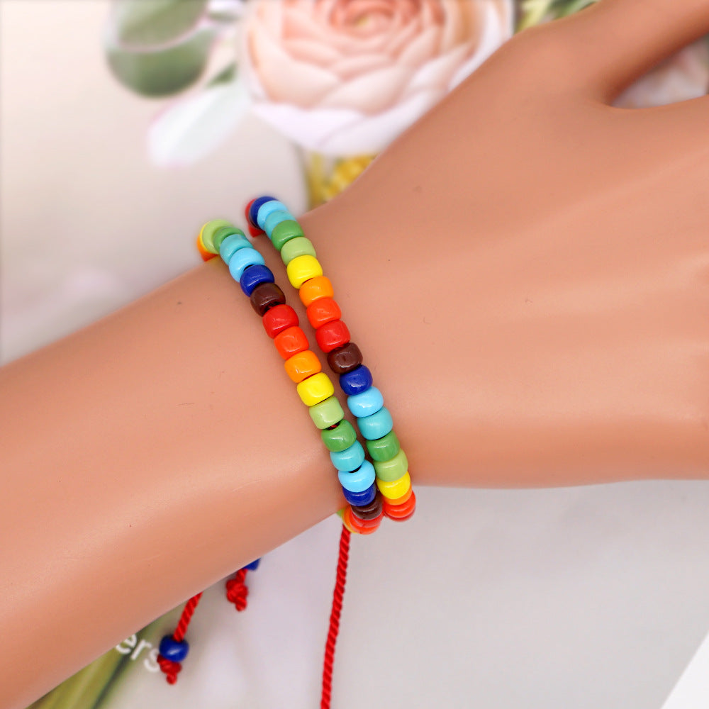 Ins Rainbow Bead Woven Bracelet Cross-border Multicolor Mix Fashion Jewelry Gift Stretch Bracelet Factory Wholesale