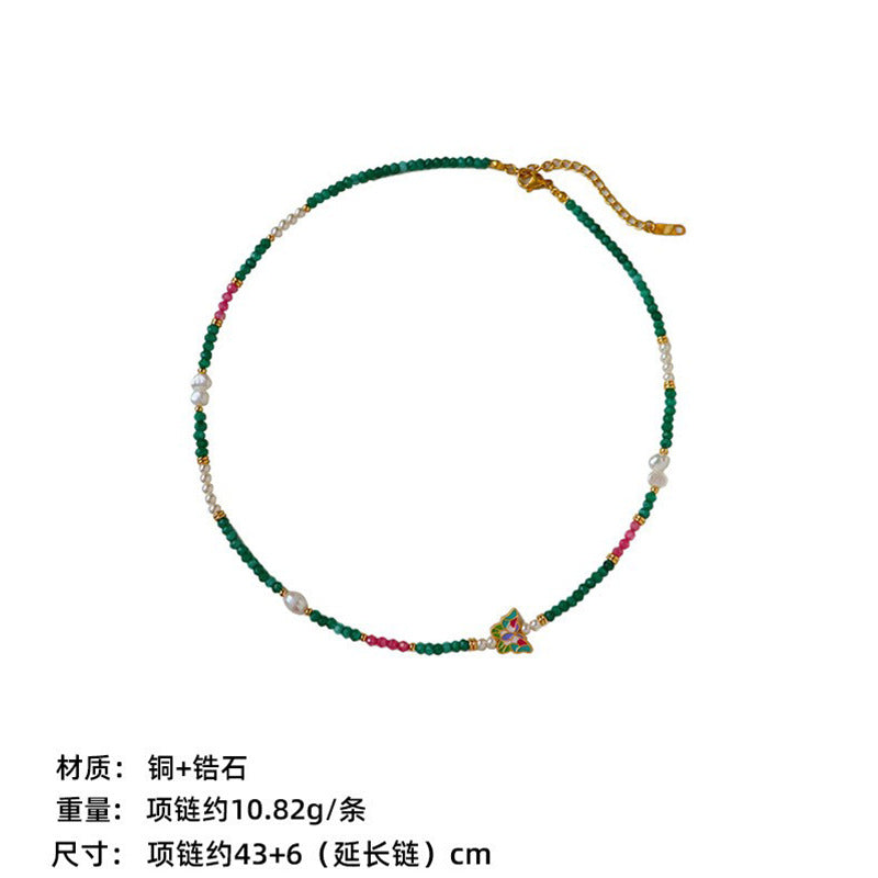 New Chinese Color Oil Dropping Enamel Natural Stone Beaded Necklace Entry Luxury High Fashion Exquisite All-match Clavicle Chain for Women