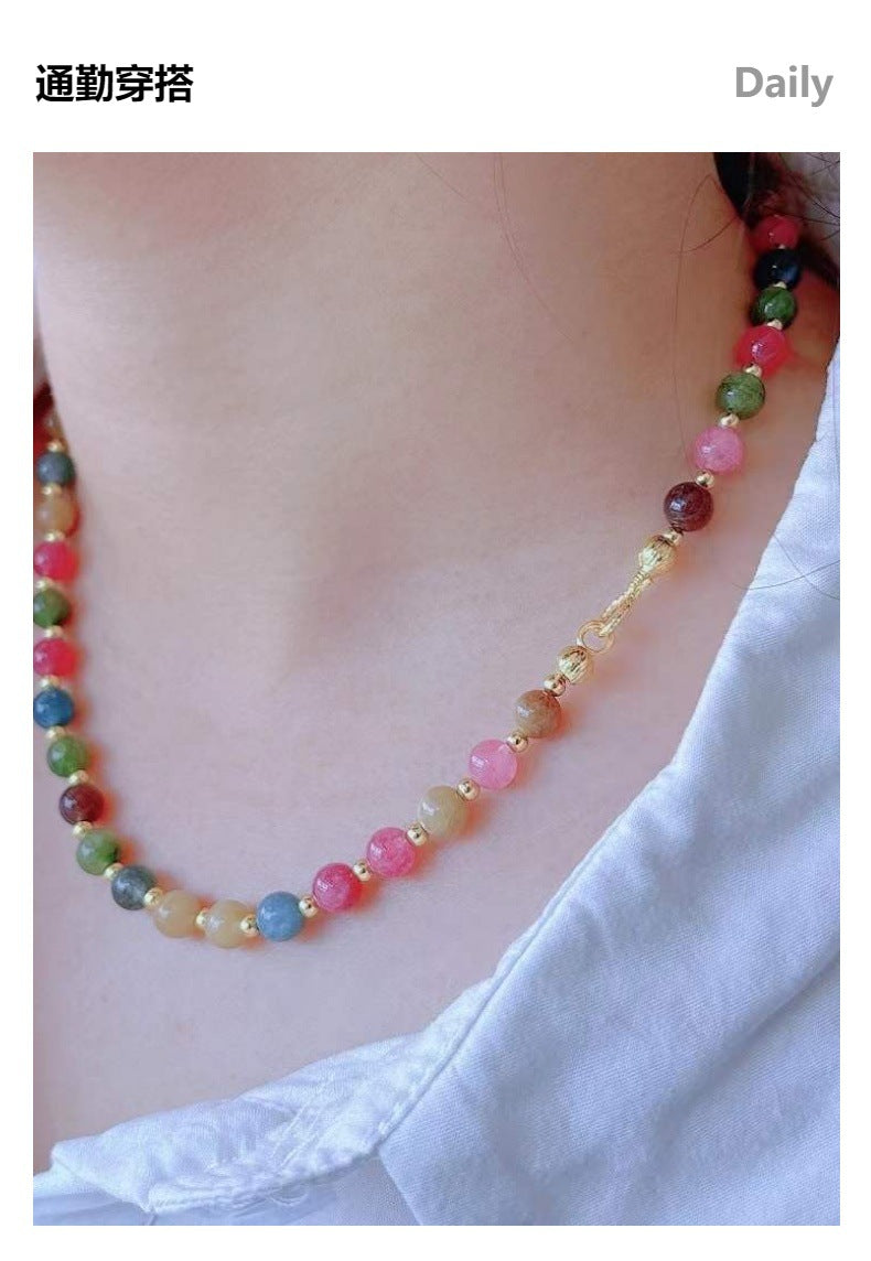 European and American Color Natural Stone Necklace Handmade Beaded Light Luxury Niche Qingdao Foreign Trade Advanced Accessories Clavicle Chain