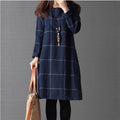 Spring New Style Literary Plus Size Women's Loose Korean Style Long-Sleeved Plaid Cotton and Linen Dress for Women Extra Large Size