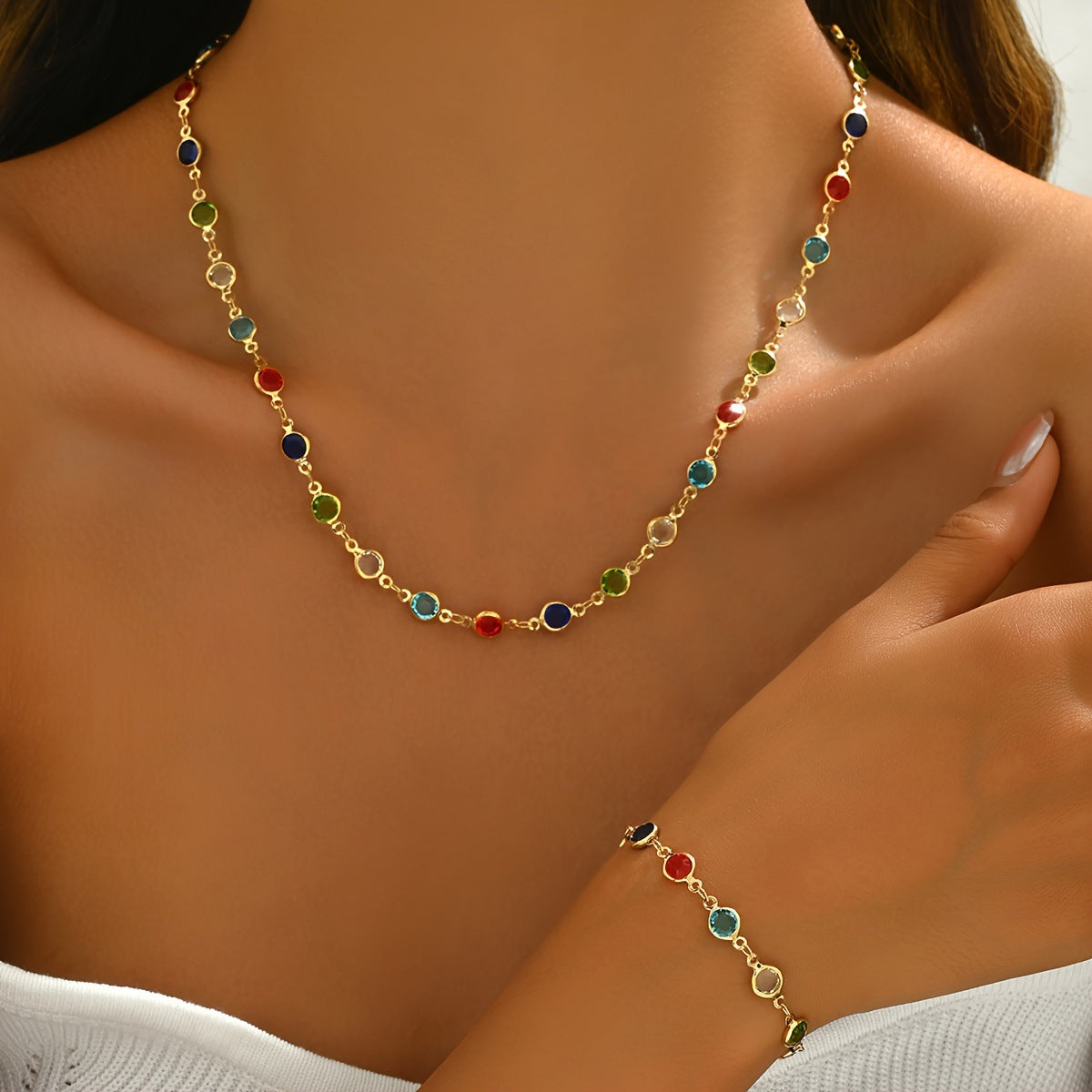 Cross-border Hot-selling Fashion Color Rhinestone Necklace Bracelet Two-piece Light Luxury Niche High-grade Color Zircon Clavicle Chain