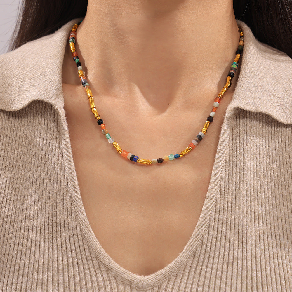 Bohemian Dopamine Color Natural Stone Beaded Necklace Cross-border Simple All-match Stainless Steel Collarbone Necklace